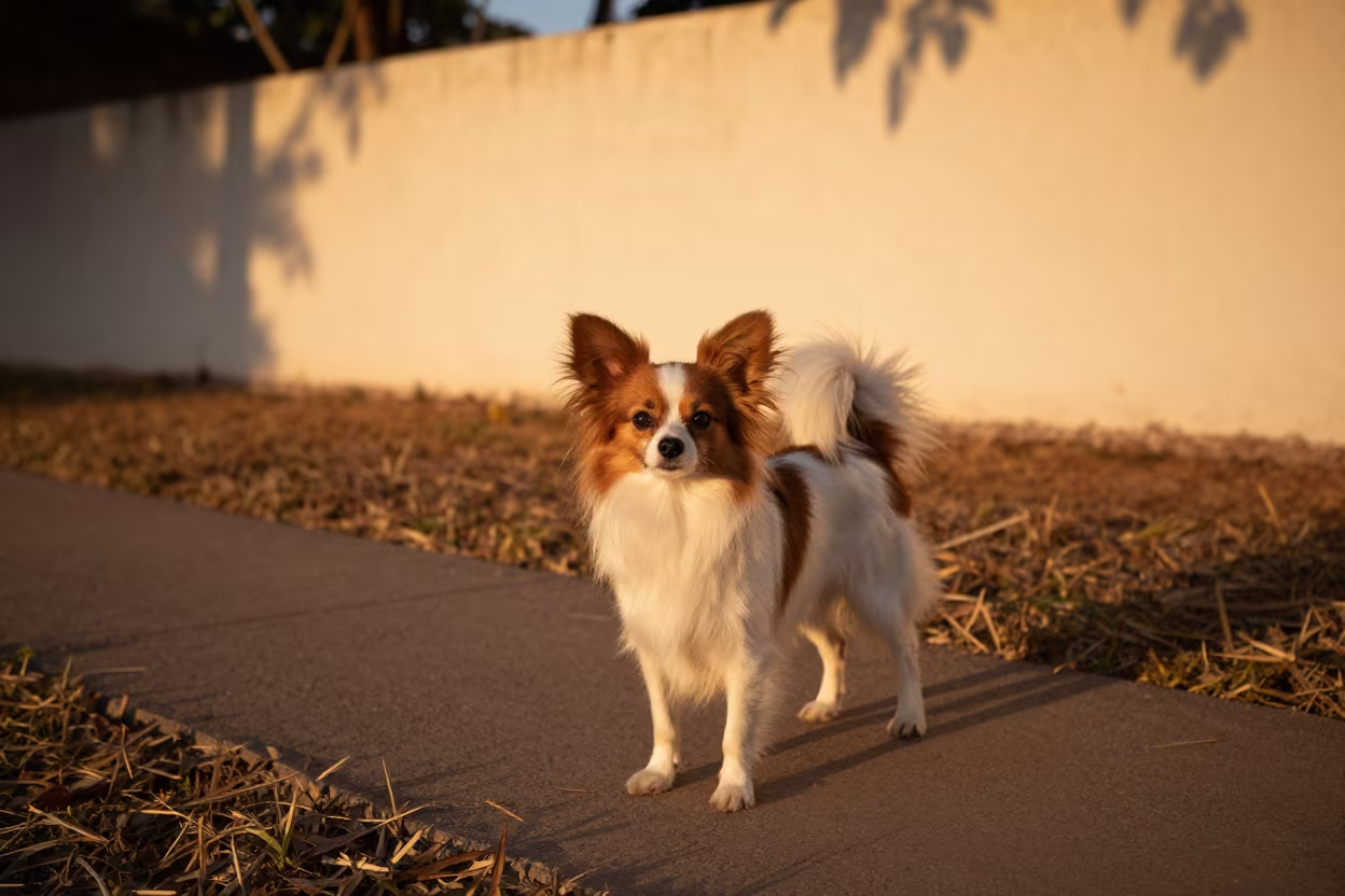 Papillon Dog on Park Path in Santo Domingo in beside a plain courtyard wall in clear daylight with the animal at eye level in Santo Domingo