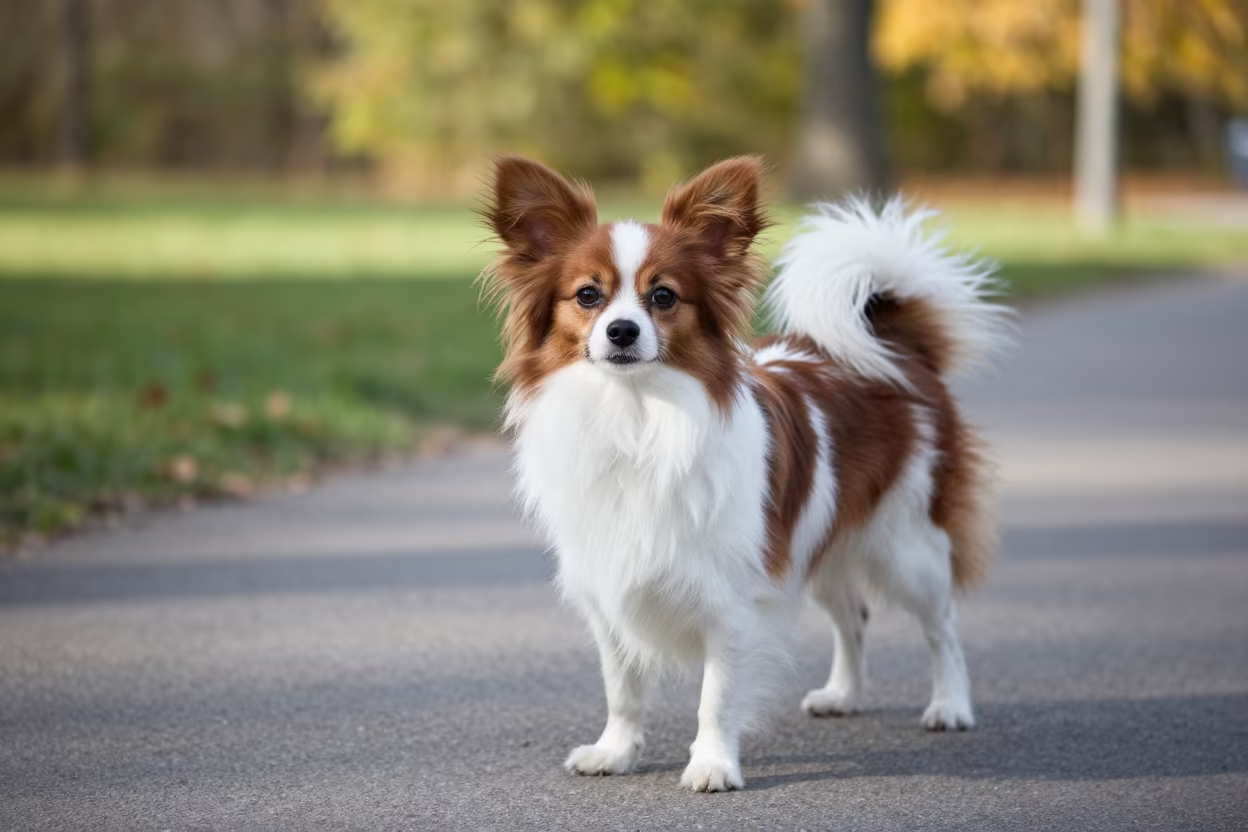 Papillon Dog Portrait on Park Path in along a quiet park path with soft open shade and a clean background near Nampo
