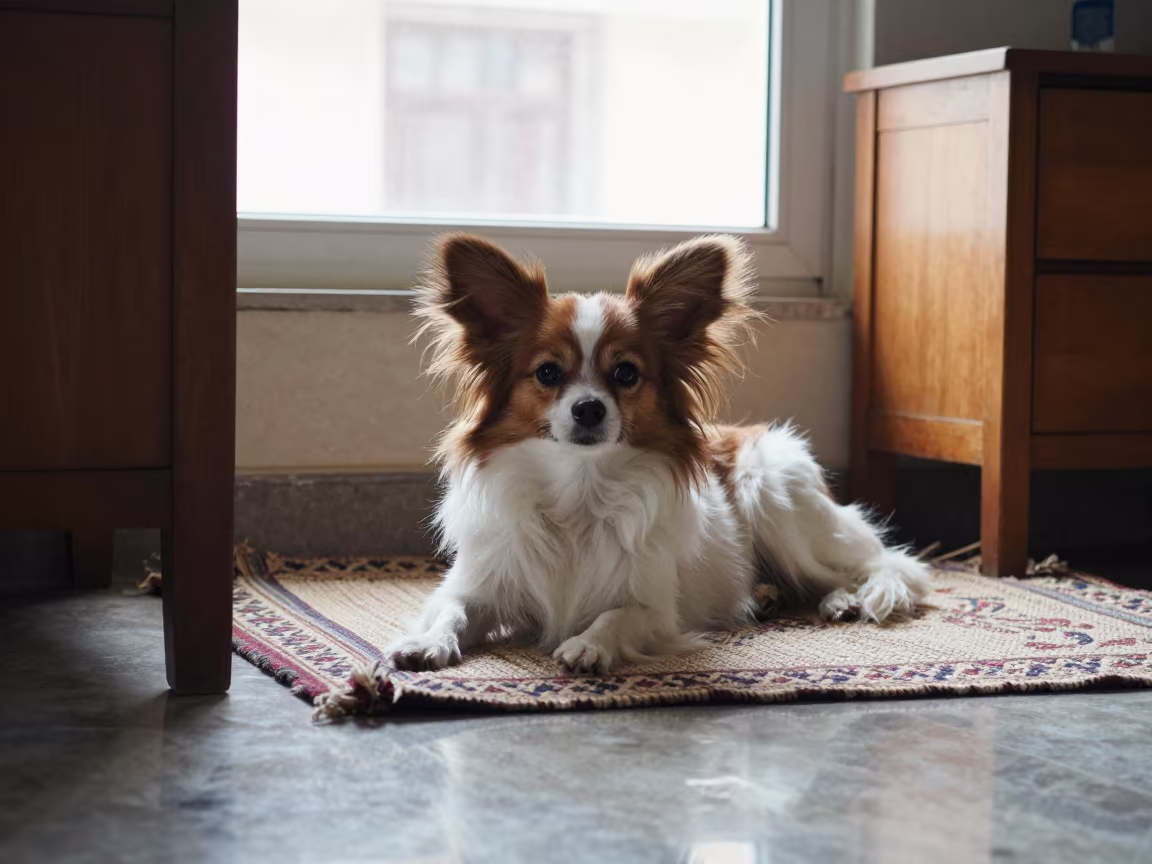 Papillon Dog Resting on Bedspread Near Window in on a bedspread near a bright window with calm indoor light near Aligarh