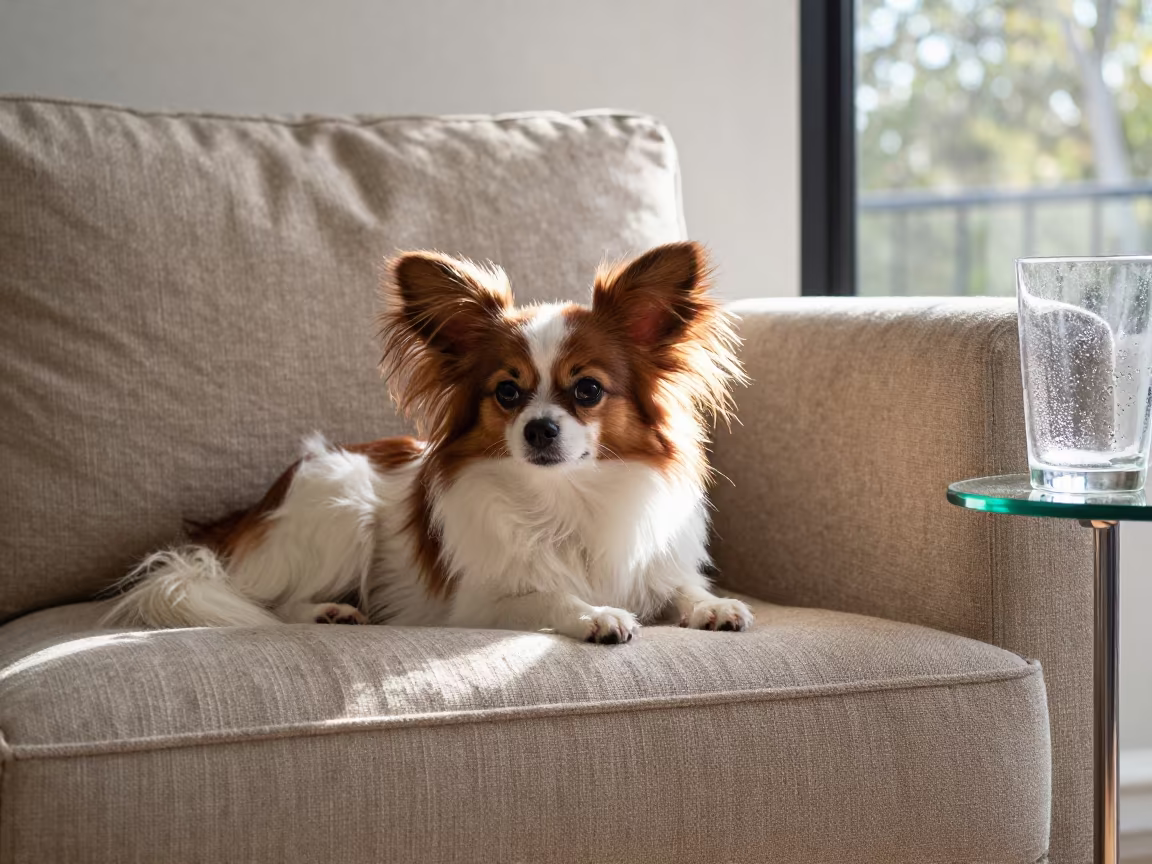 Papillon Dog Resting on Linen Sofa in Warm Light in on a linen sofa with daylight from a nearby window in Collingwood, Melbourne