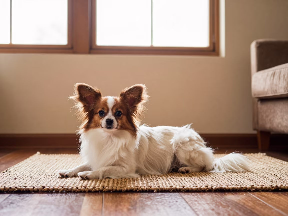 Papillon Dog Resting on Rug in Astana Home in on a woven rug beside a low couch and an uncluttered wall in Astana