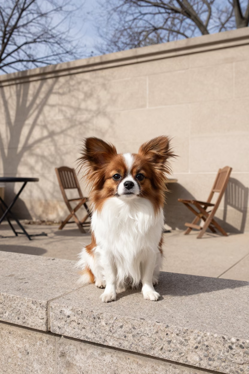 Papillon Portrait Beside Courtyard Wall in Chicago in beside a plain courtyard wall in clear daylight with the animal at eye level in Lincoln Park, Chicago