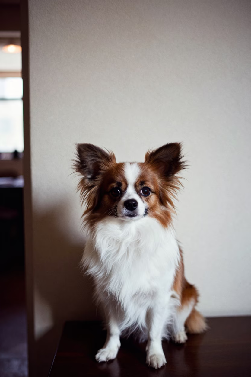 Papillon Portrait Beside Plaster Wall Dubai in beside a plain plaster wall in soft indoor light with the animal centered in frame in Dubai