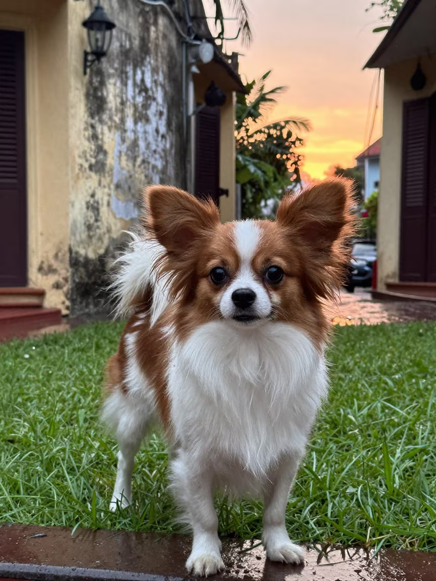Papillon Portrait in Hanoi French Quarter Rain in in a small yard with clipped grass, calm light, and the animal centered in frame in French Quarter, Hanoi