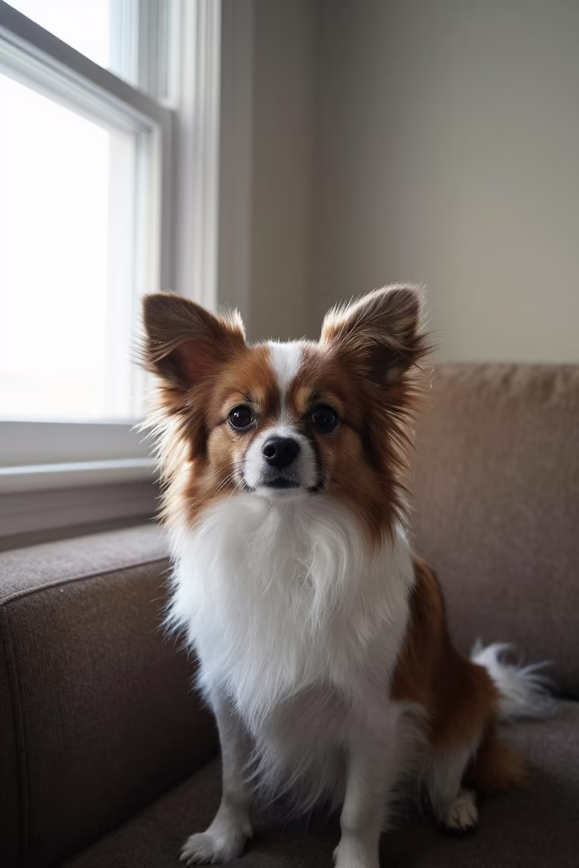 Papillon Portrait Near Curtained Window in Mexico City Home in on a sofa near a curtained window with calm indoor light in Centro Historico, Mexico City