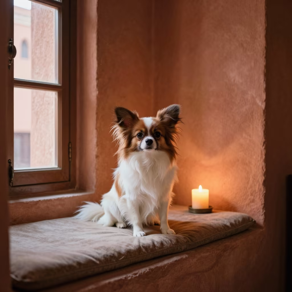 Papillon Portrait on Marrakech Window Seat in on a cushioned window seat with soft side light and an uncluttered background in Marrakech