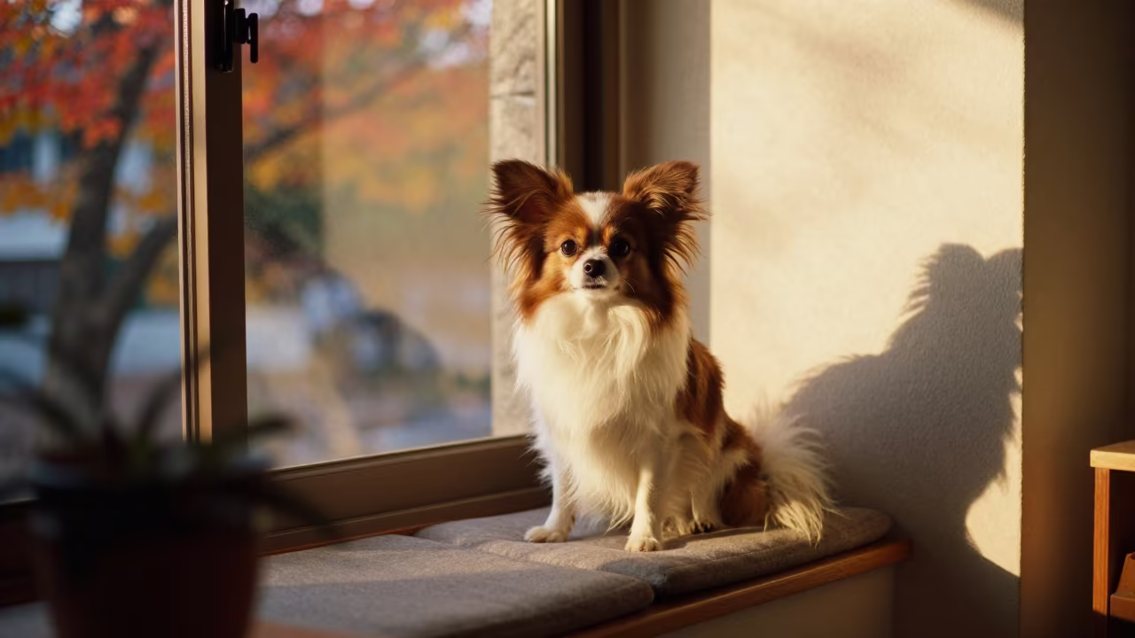 Papillon Portrait on Window Seat in Gwangju Autumn in on a cushioned window seat with soft side light and an uncluttered background in Gwangju