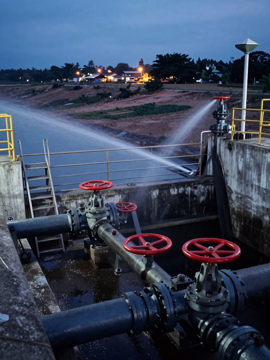 Papua Dam Sluice Room Ladders Valves Evening in along a dam spillway in Papua