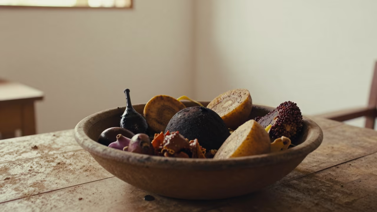 Papua New Guinean Mumu Feast on Arequipa Table in on a dusty library table in Arequipa