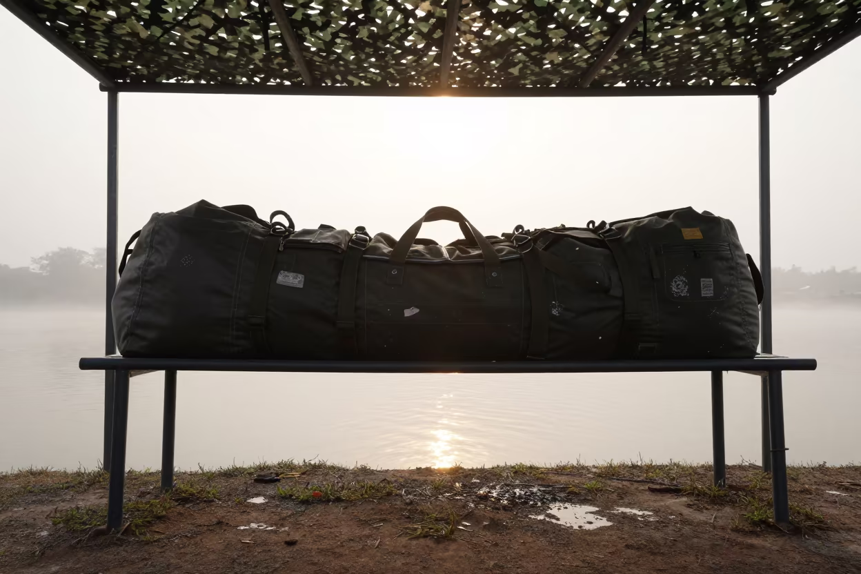 Parachute Gear Shelf Under Camo Net in Thane Mist in beneath a camouflage net shelter near Thane