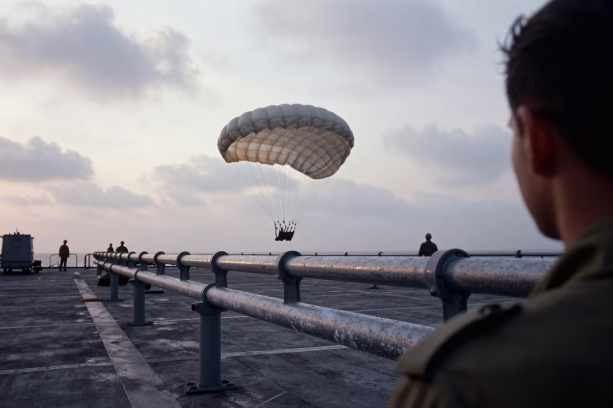 Parachute Rigging Rail on Naval Deck at Dawn in on a naval deck in rough wind in Karachi