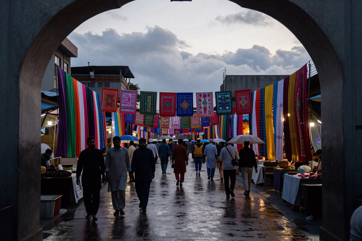 Parade Banners Drying Before Dawn in at a night market in Karachi
