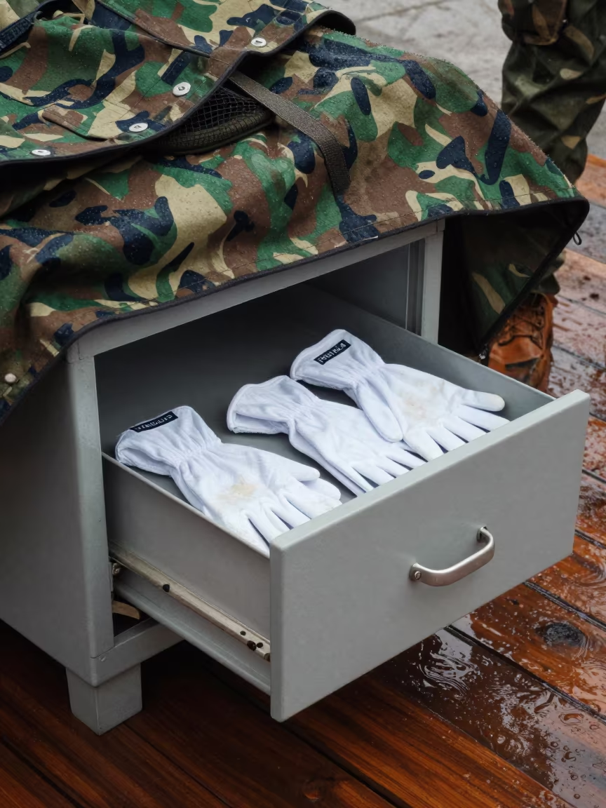 Parade Glove Drawer Under Camouflage Net in beneath a camouflage net shelter near Santo Domingo