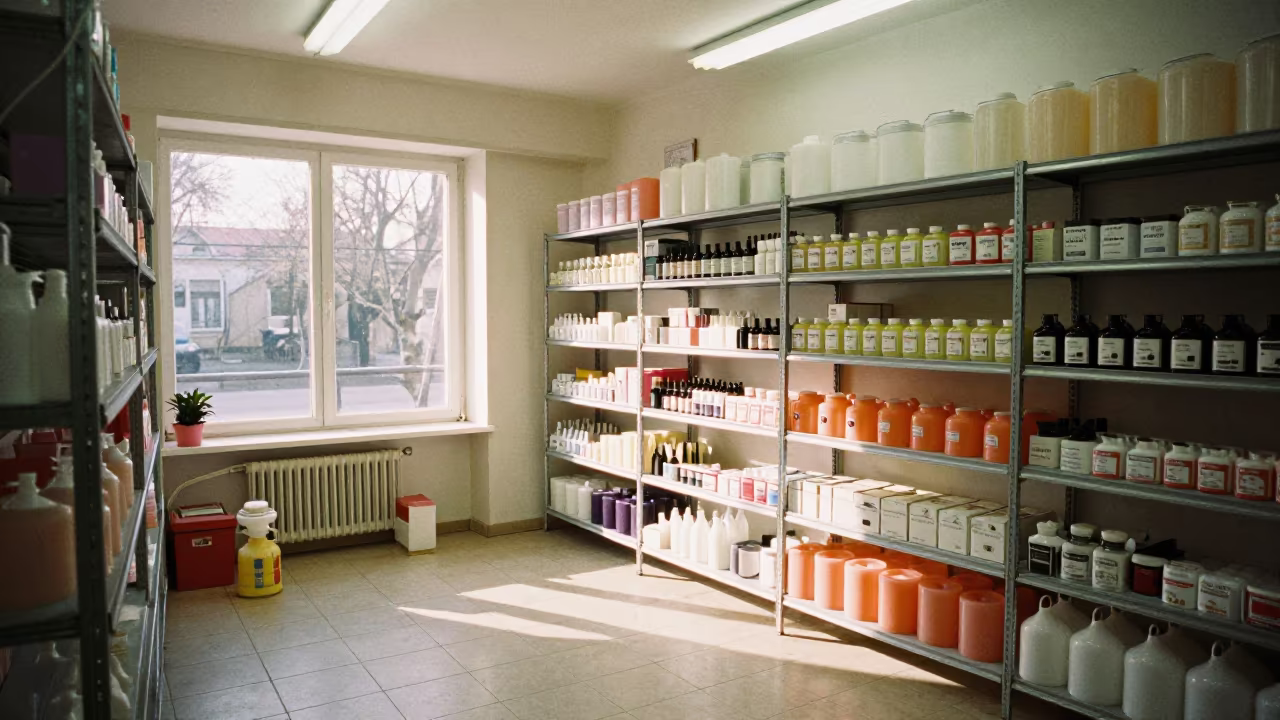 Paraffin Wax Warmer Shelf Morning Light Bucharest in in a beauty supply area under white LEDs near Bucharest