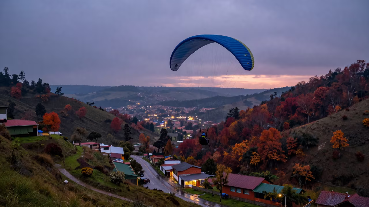 Paraglider Above Bogotá Valley in Autumn Twilight in in a village lane near Bogotá