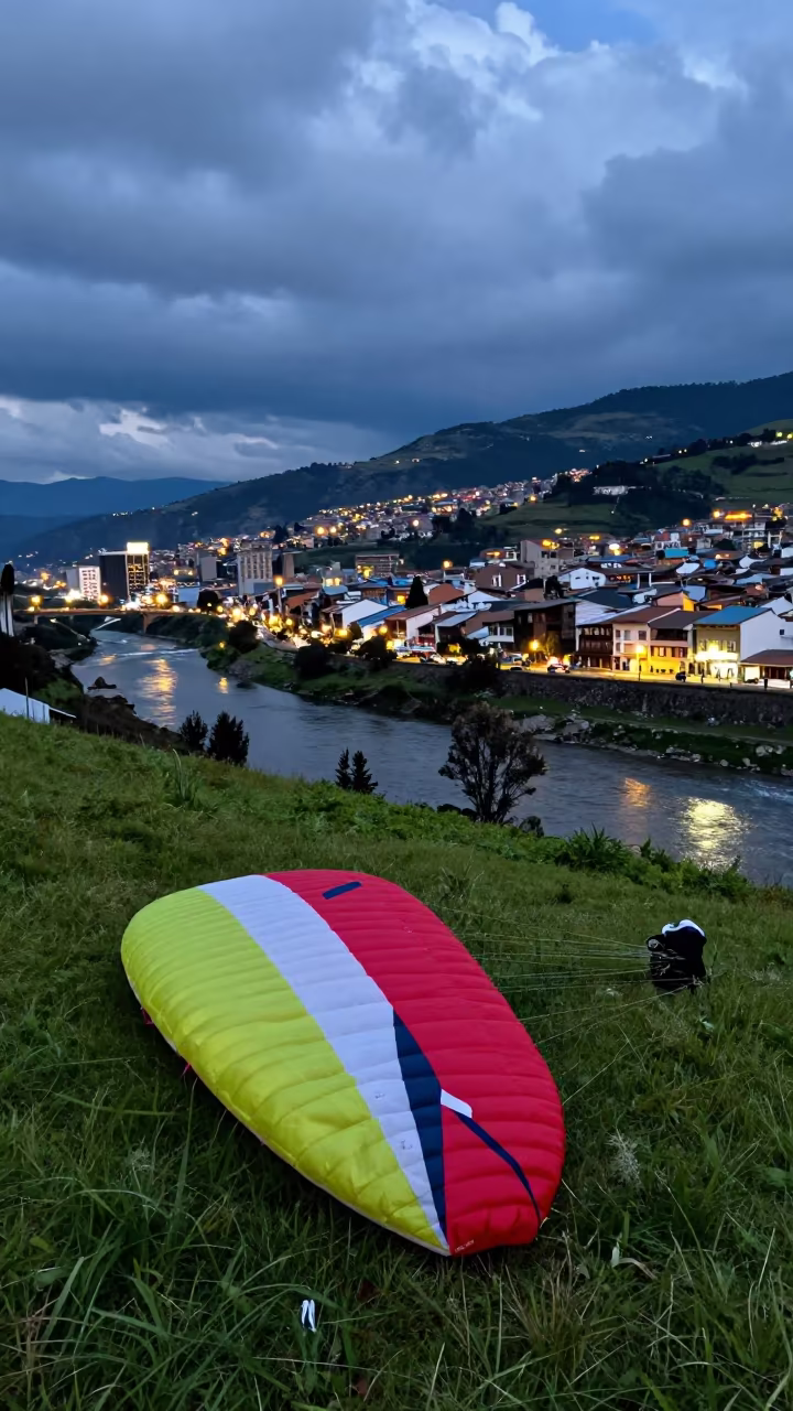 Paraglider Canopy on Alpine Grass at Twilight in by a riverbank near La Floresta, Quito