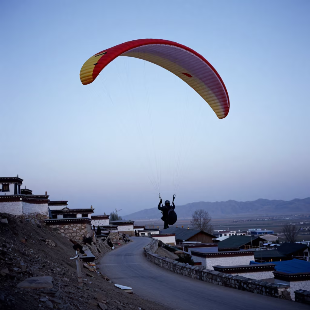 Paraglider Circles Ridge at Lhasa Blue Hour in in a village lane near Norbulingka, Lhasa