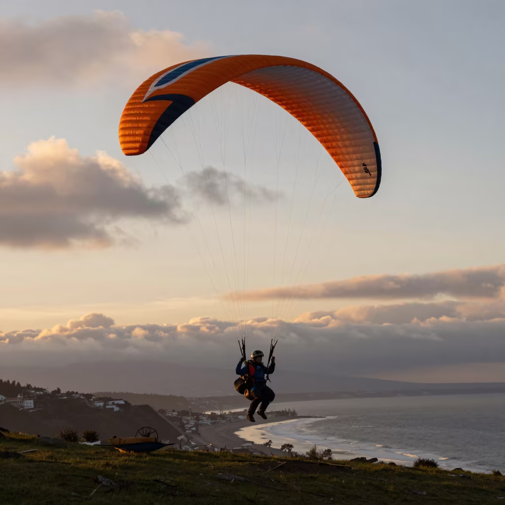 Paraglider Circling Ridge at Sunset Over Quito Beach in along a beach near San Marcos, Quito