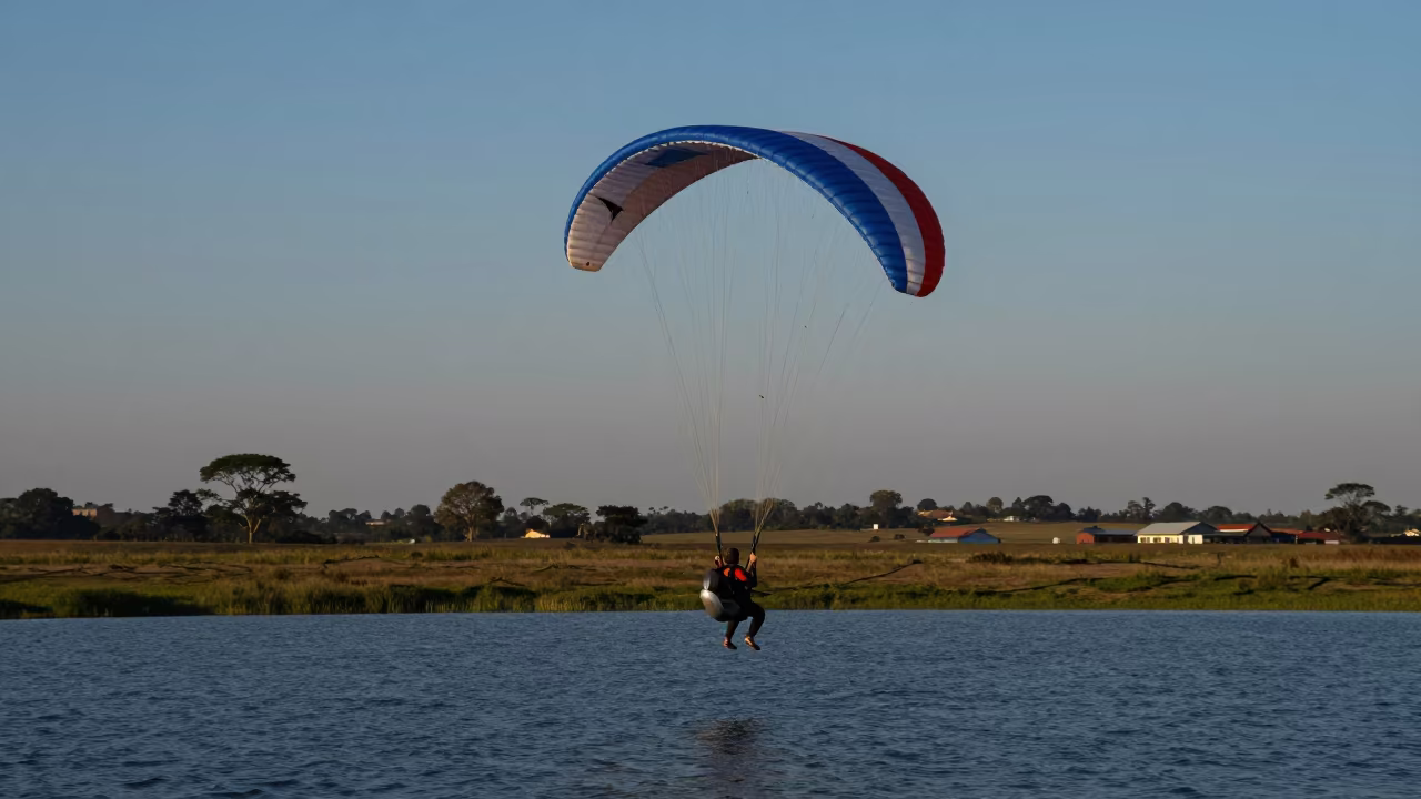 Paraglider Full Stall Over Calm Lake at Twilight in near open fields near Johannesburg