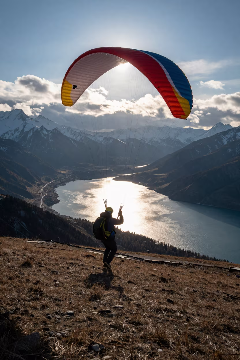 Paraglider Launch from Almaty Hilltop in on a mountain path near Almaty