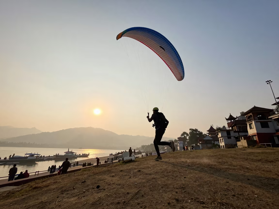 Paraglider Launch at Kathmandu Harbor Dawn in at a harbor quay near Freak Street, Kathmandu