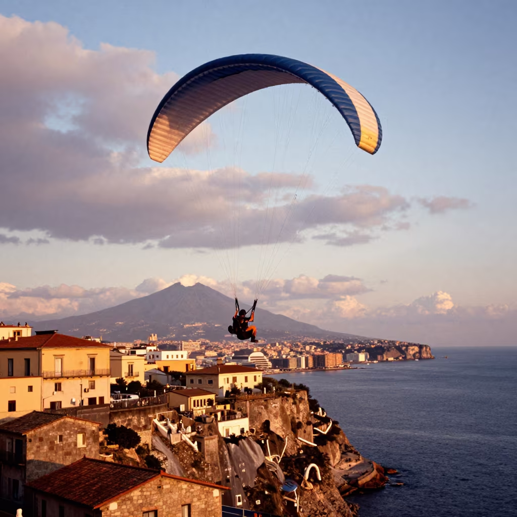Paraglider Launch from Naples Sea Cliff at Dusk in by a riverbank near Quartieri Spagnoli, Naples