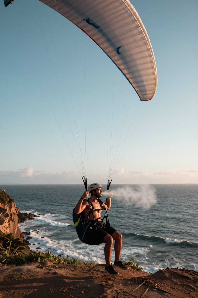 Paraglider Launches from Mombasa Cliff in Golden Light in on a hillside near Mombasa