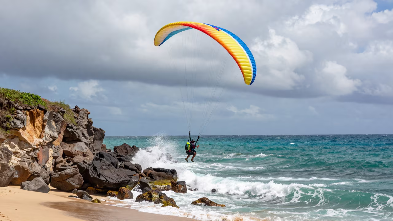 Paraglider Launches Sea Cliff Salvador in along a beach near Salvador