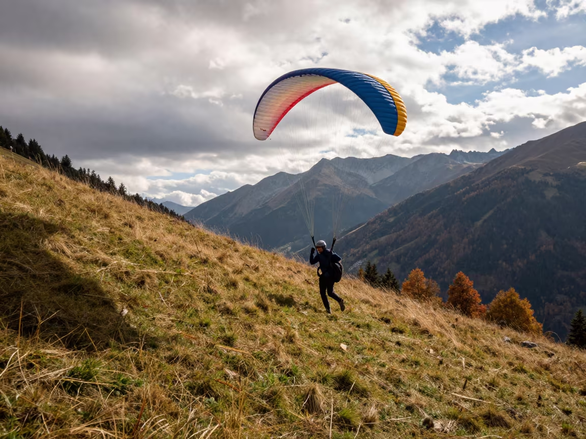 Paraglider Launching from Alpine Hillside in along a beach near Innsbruck