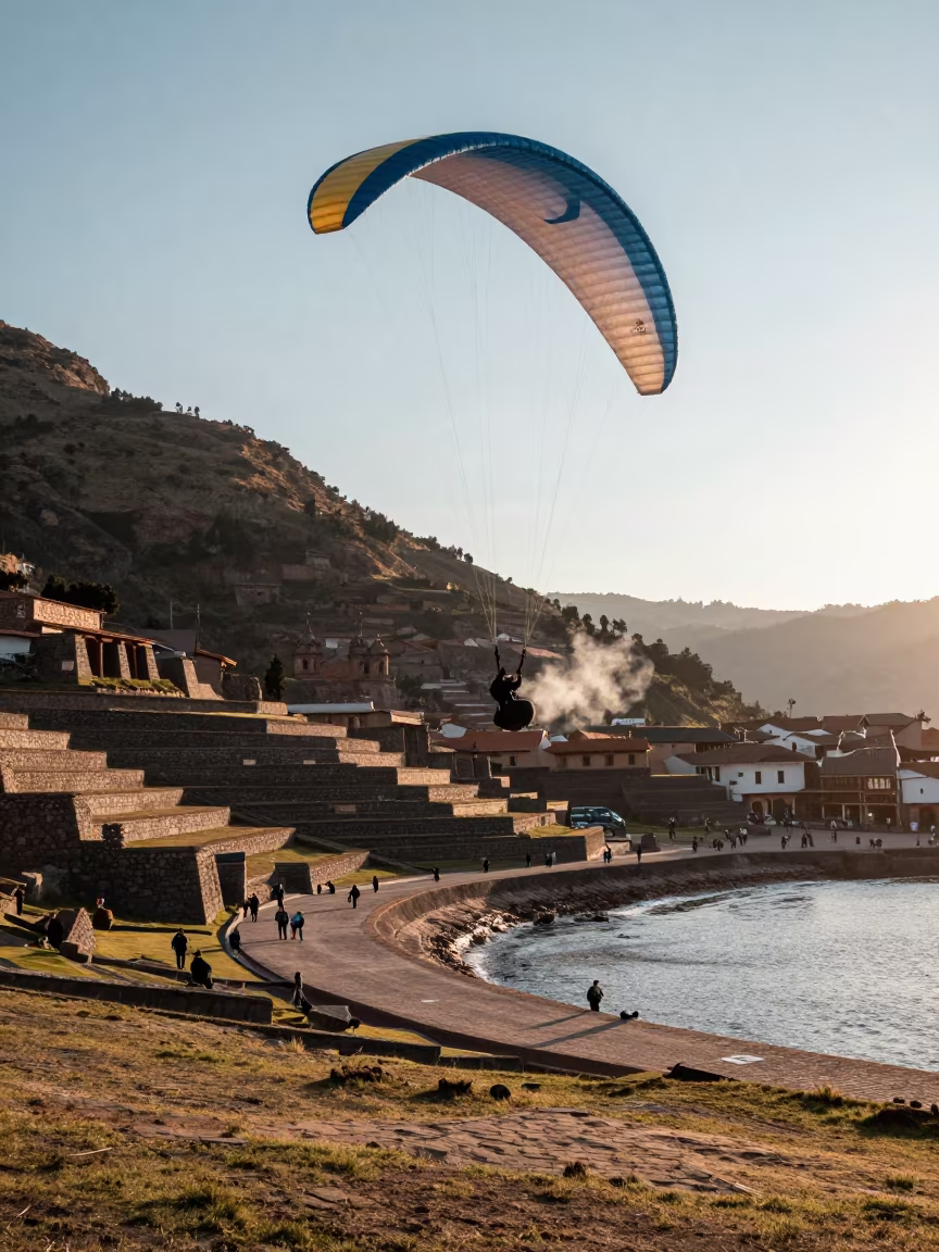 Paraglider Launching at Dawn Over Cusco Harbor in at a harbor quay near Sacsayhuaman, Cusco