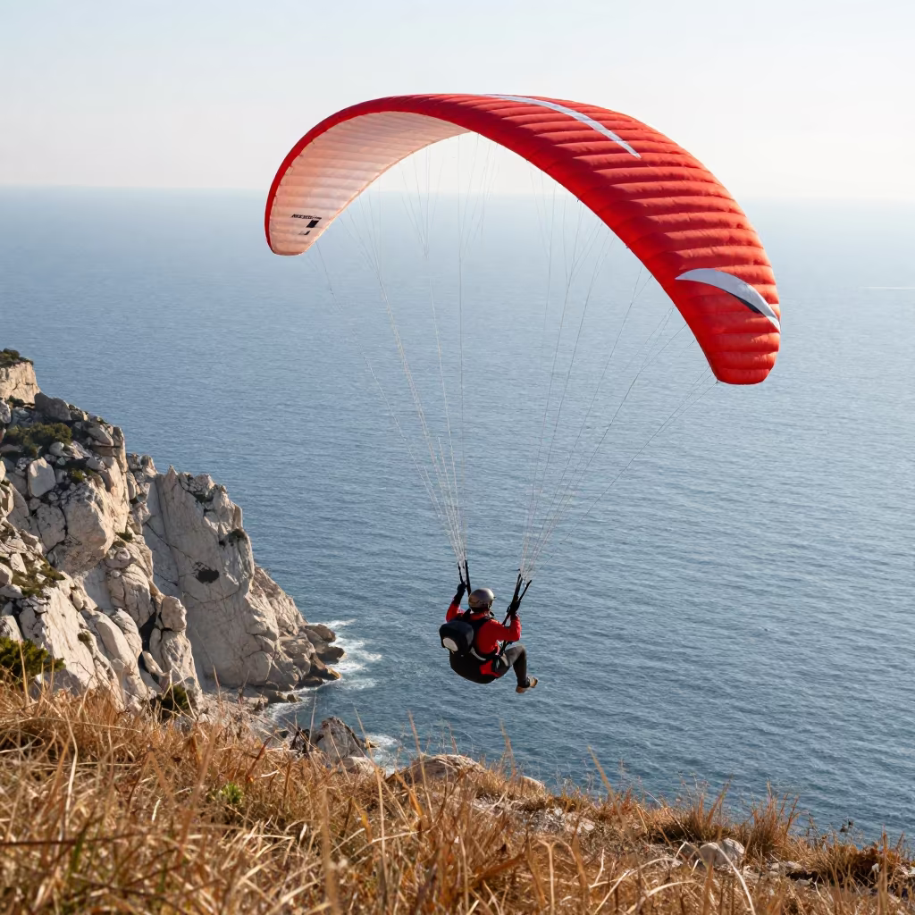 Paraglider Launching From Sea Cliff Into Wind in by a riverbank near Marseille