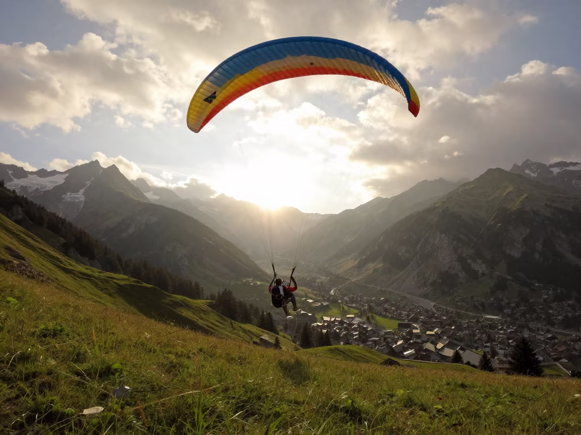 Paraglider Soaring Green Valley Chamonix Sunrise in at a harbor quay near Chamonix