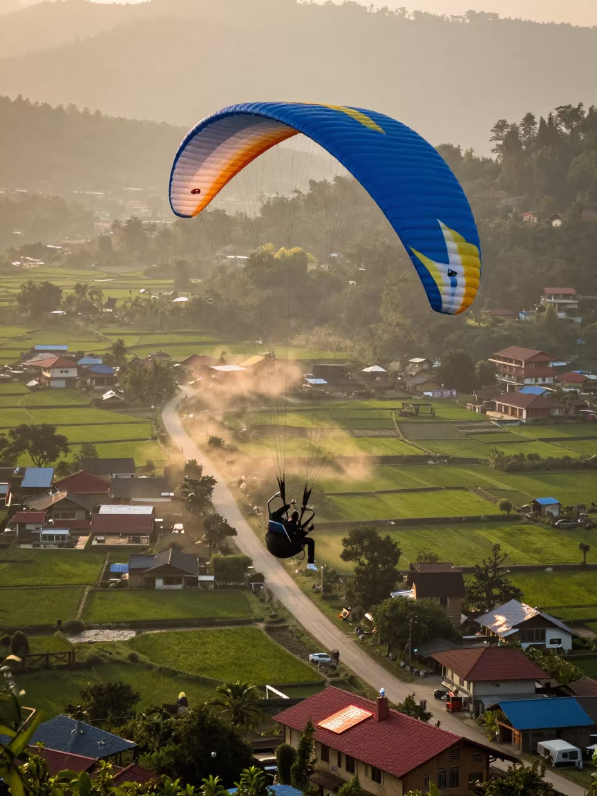 Paraglider Soaring Green Valley Kathmandu Sunset in in a village lane near Kathmandu