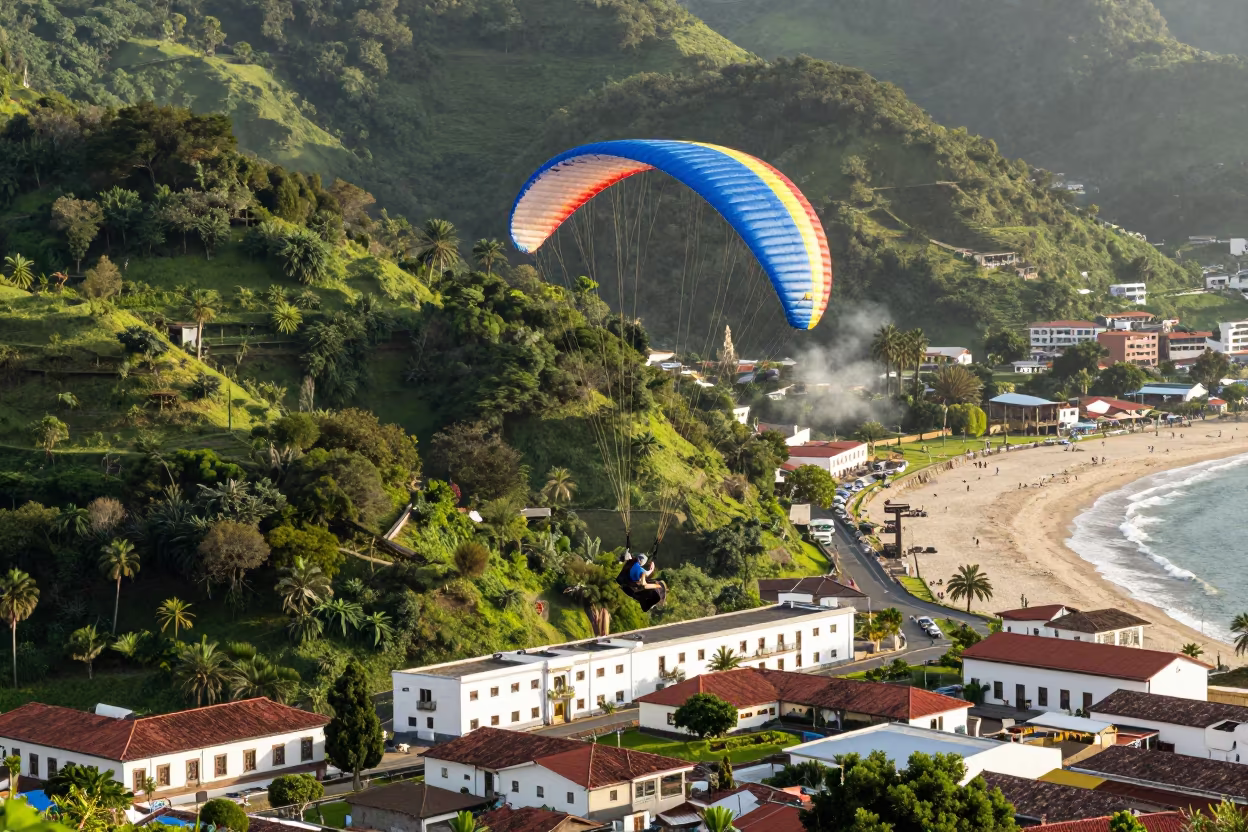Paraglider Soaring Over Green Valley Above Quito Beach in along a beach near Centro Historico, Quito