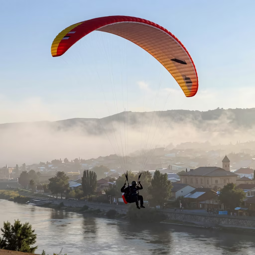 Tight paraglider circles above Tbilisi riverbank in by a riverbank near Old Town, Tbilisi