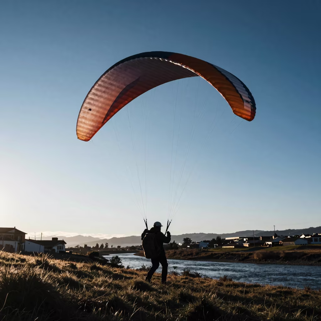 Paraglider Wing on Riverbank at Blue Hour in by a riverbank near San Marcos, Quito