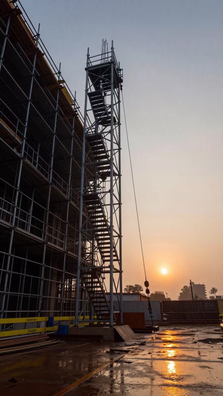 Paraguay Construction Stair Tower Before Sunrise in along a scaffolded facade in Paraguay