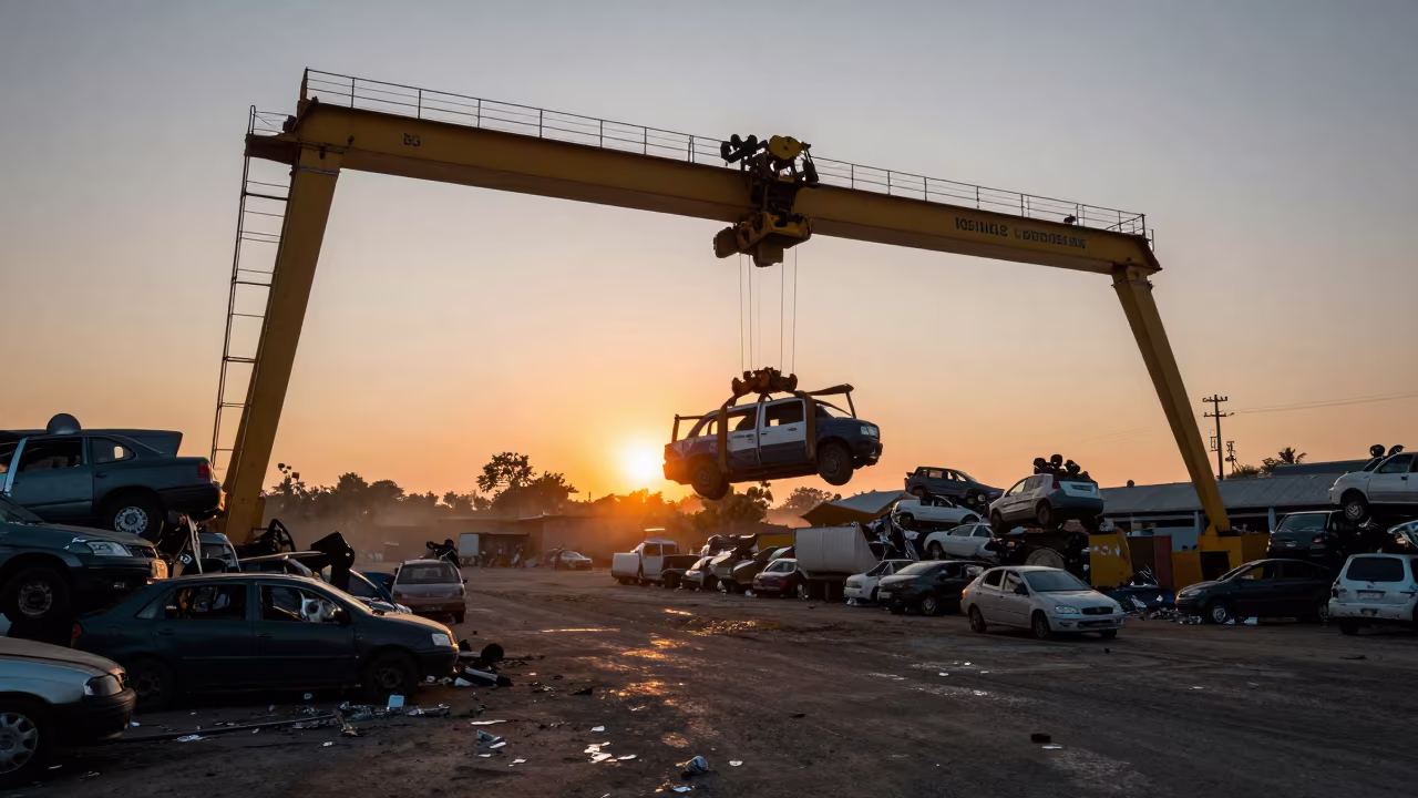 Paraguay Scrapyard Crane Lifting Crushed Cars at Sunset in under gantries and utility towers in Paraguay