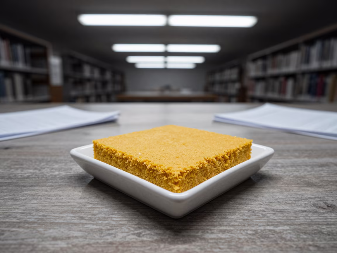 Paraguayan Sopa Paraguaya Cornbread on Dusty Library Table in on a dusty library table in Yekaterinburg