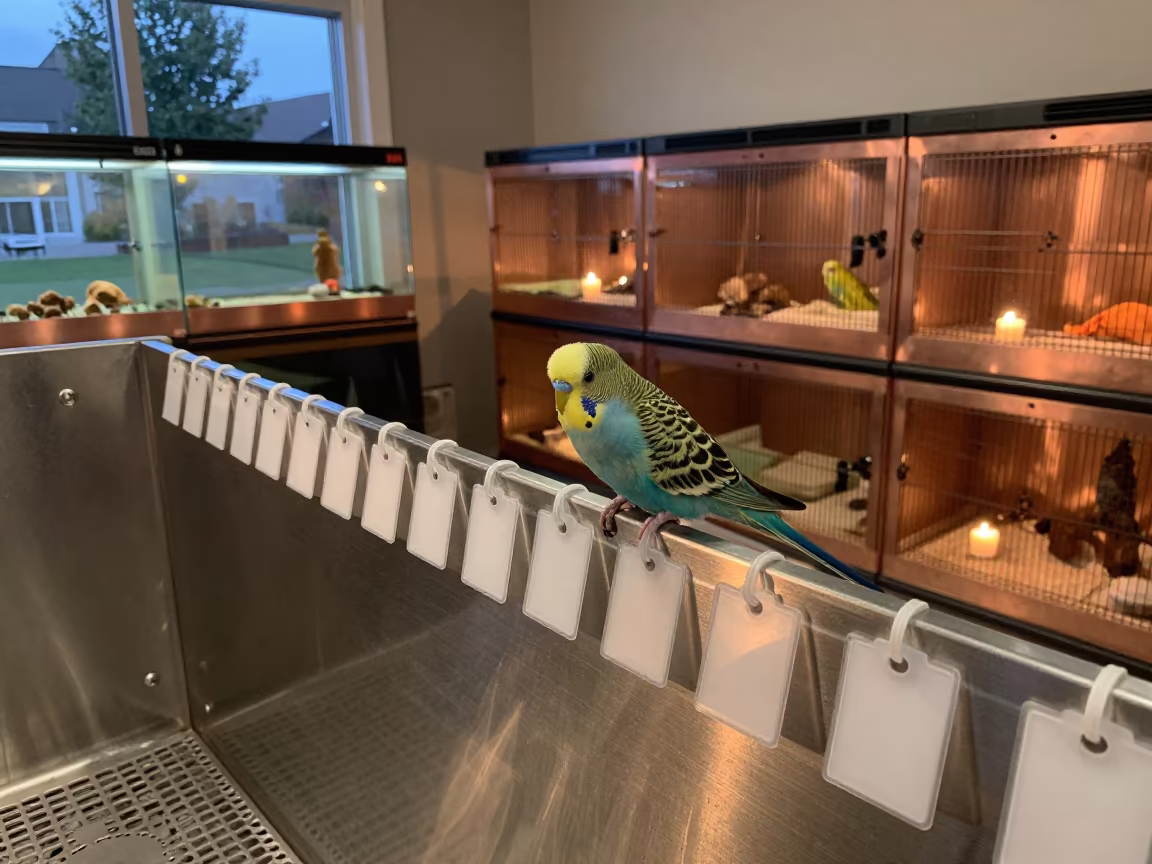 Parakeet Tag Rail at Quebec Dog Wash Before Dusk in at a self-serve dog wash station near Quebec City