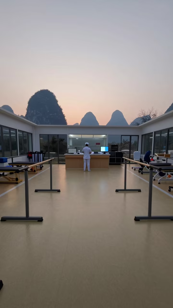 Parallel Bars in Dawn Light Guilin Rehab in at a nurse station under monitor glow in Guilin