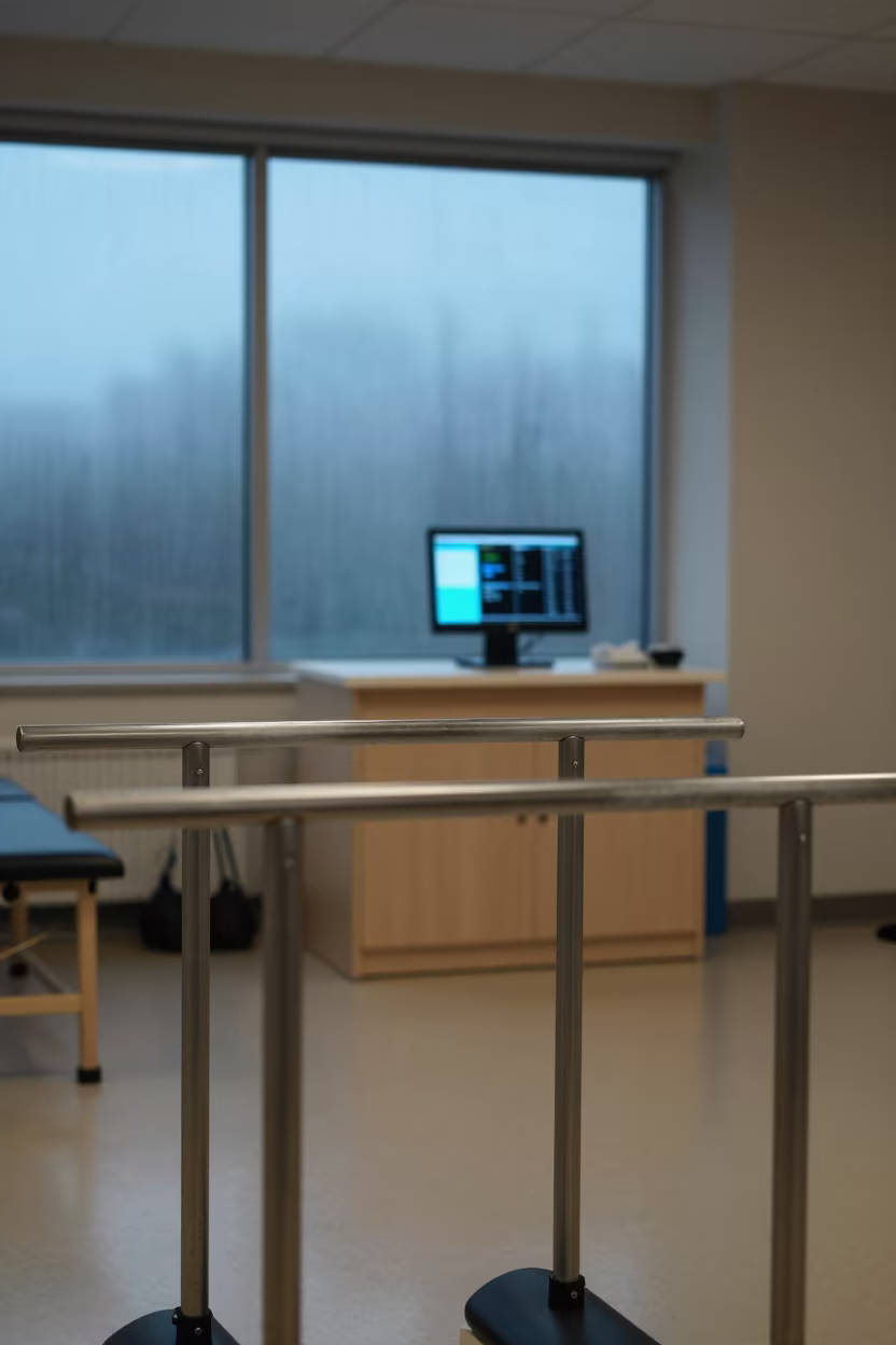 Parallel Bars in Morning Monsoon Light in at a nurse station under monitor glow in Tongi
