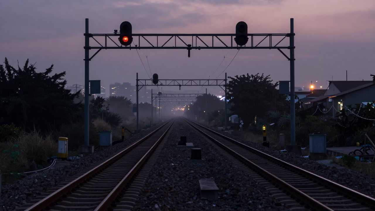 Parallel Tracks in Tainan at The Predawn Darkness Light in in Tainan, Taiwan
