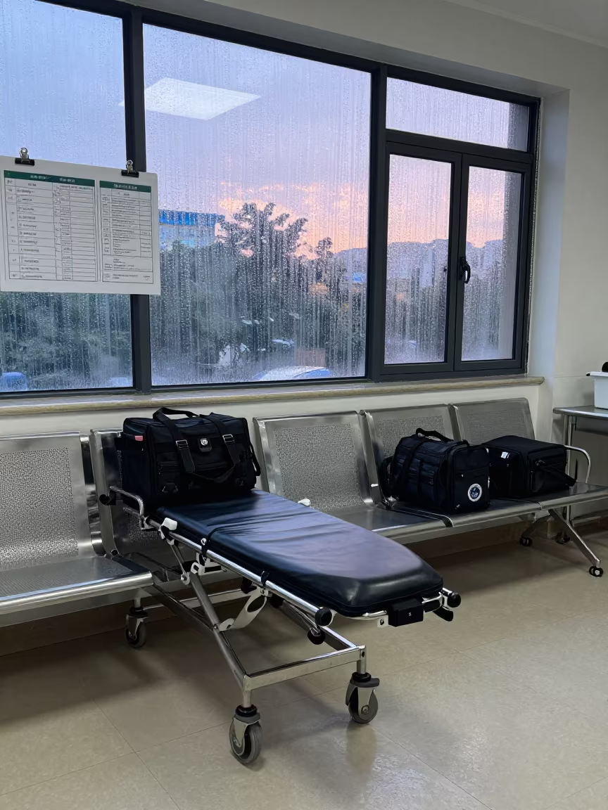 Paramedic Prep Zone at Dawn in Guangzhou in at a nurse station under monitor glow in Guangzhou
