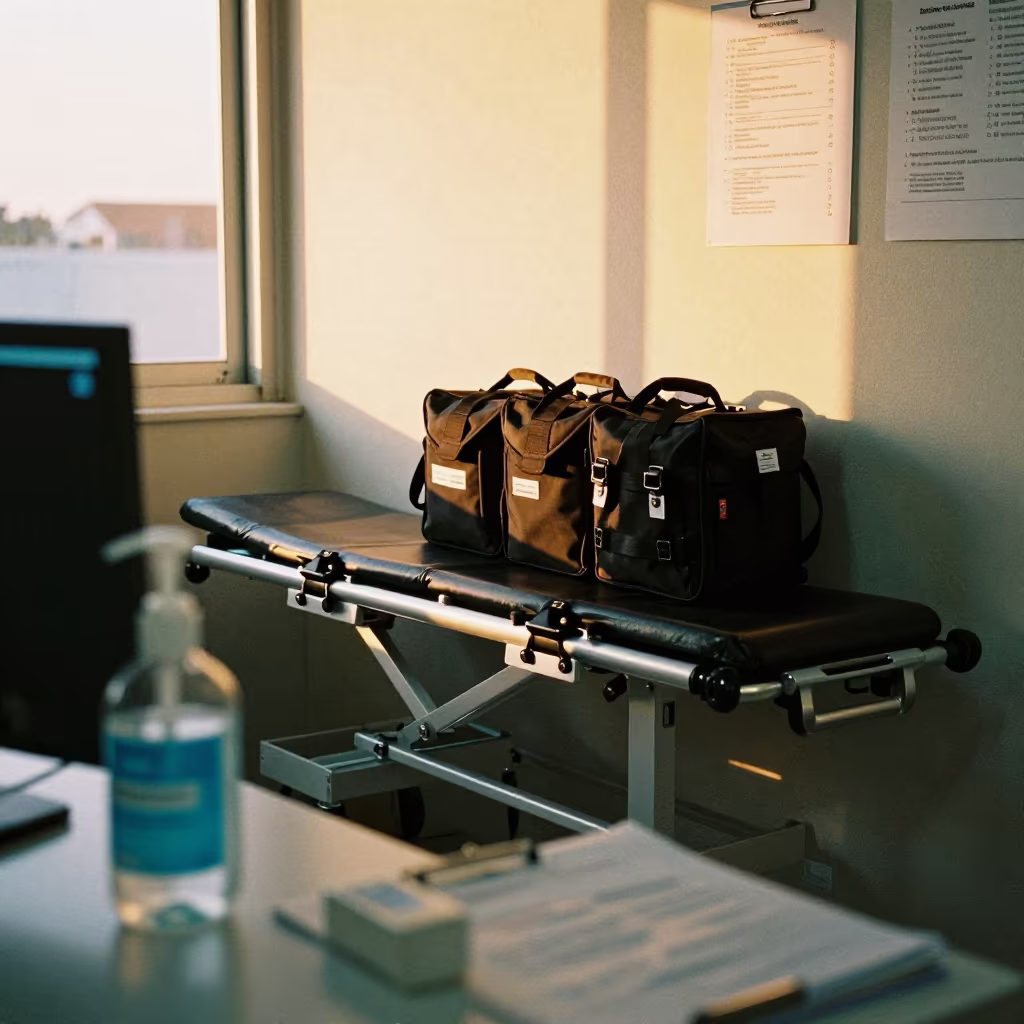 Paramedic Prep Zone Under Warm Window Light in at a nurse station under monitor glow in Carúpano