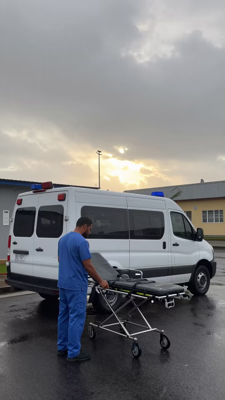 Paramedic Stretcher Check Ambulance Pétion-Ville in along a rain-darkened medical block in Pétion-Ville