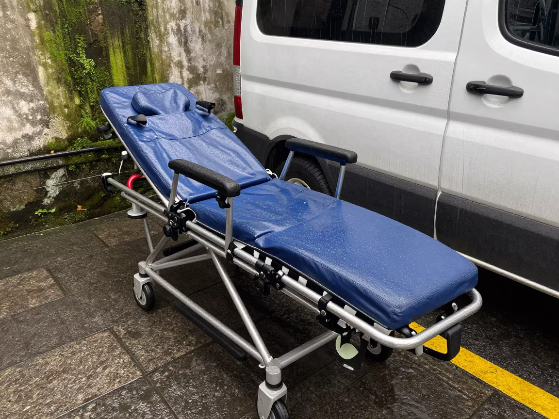 Paramedic Stretcher Check Beside Ambulance in along a rain-darkened medical block in Zhujiajiao, Shanghai