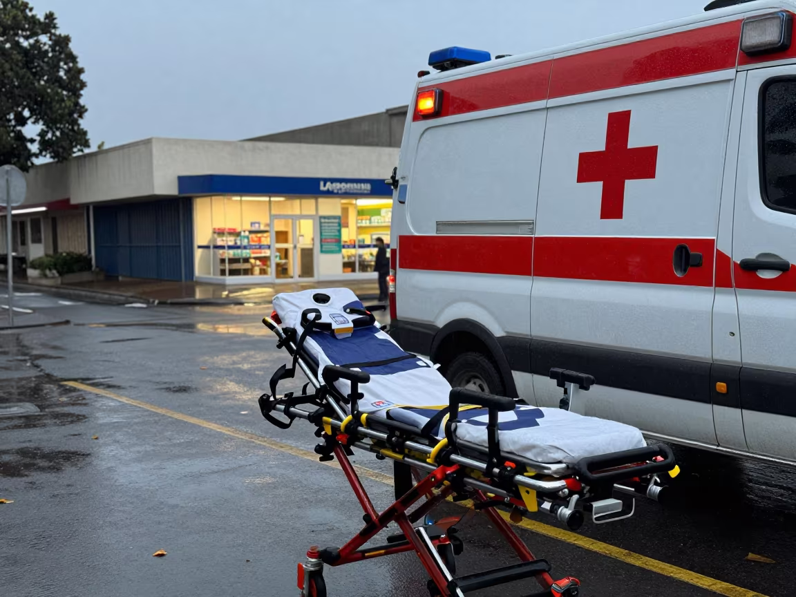 Paramedic Stretcher Check Late Afternoon in outside a late-night pharmacy on a wet street in Johannesburg