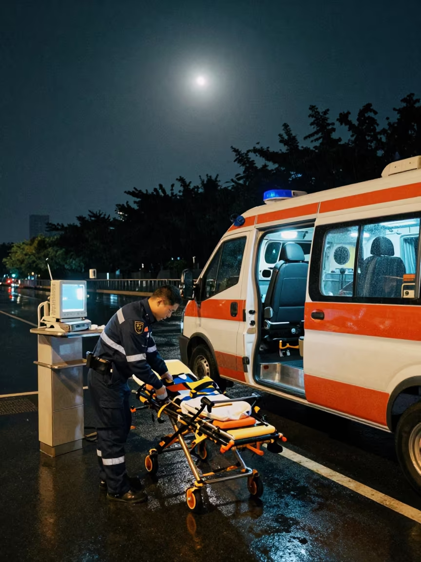 Paramedic Stretcher Check Night Guangzhou in at a curbside ambulance stop in Guangzhou