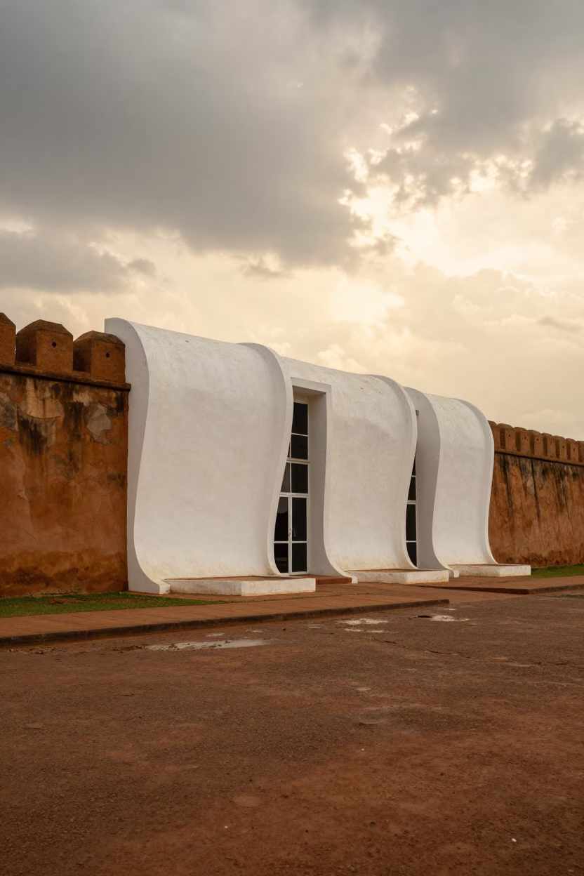 Parametric Museum Facade Curves Golden Hour Malawi in outside a wind-scoured fortress wall in Malawi
